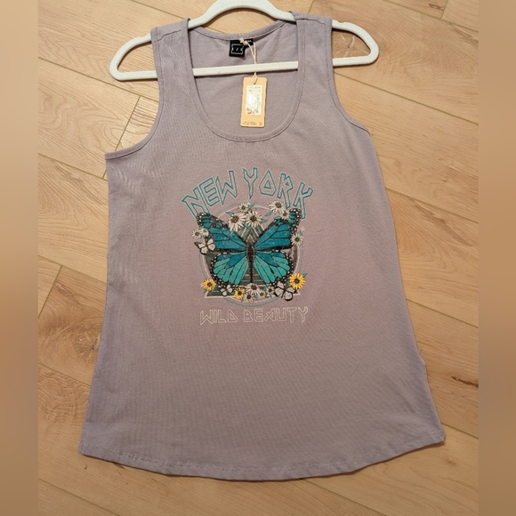 112.Nwt Gray Purple Tank Top with Blue Butterfly Print - Picture 1 of 1